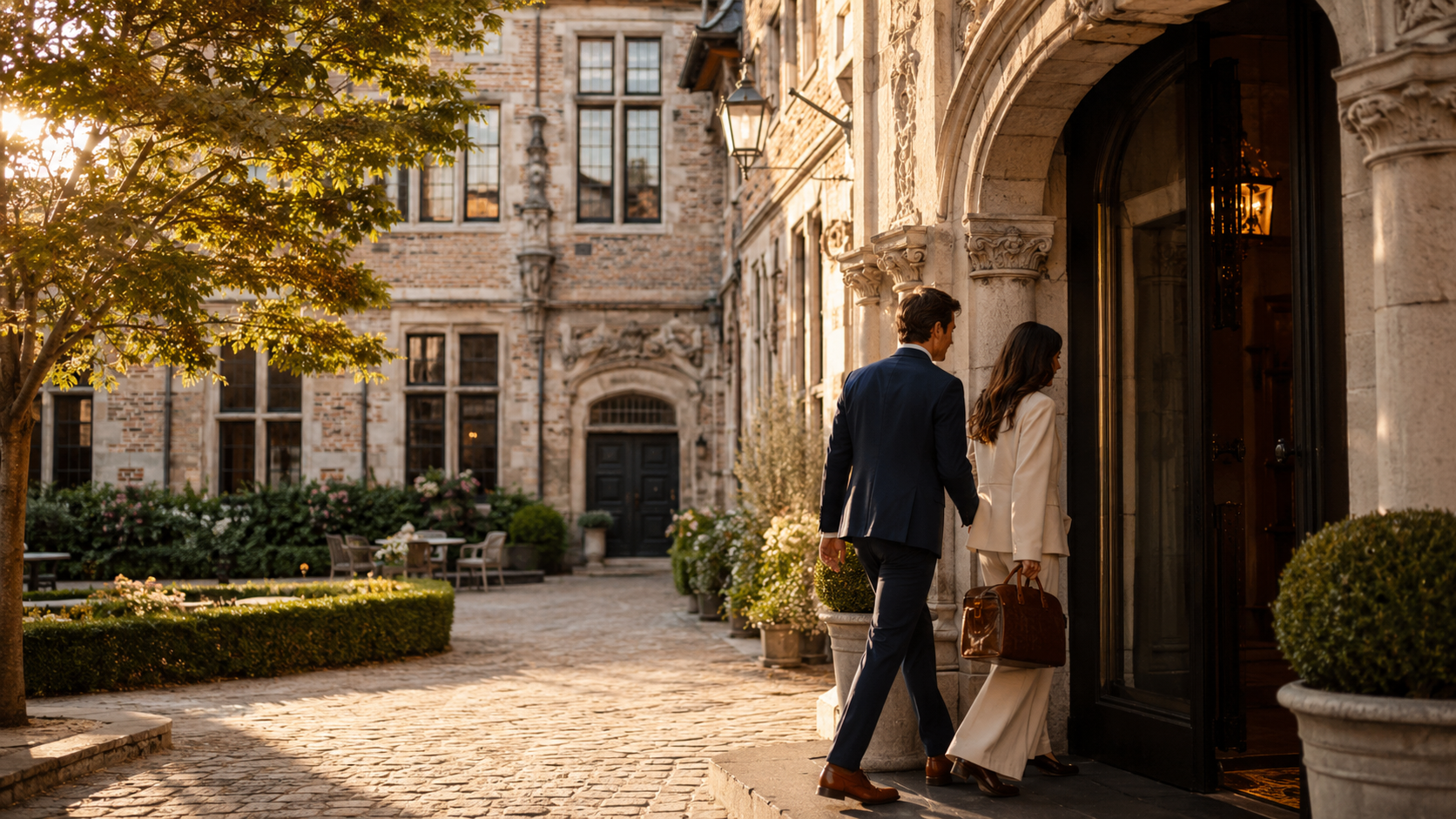 Couple entrant dans un hôtel historique avec cour élégante à Bruges