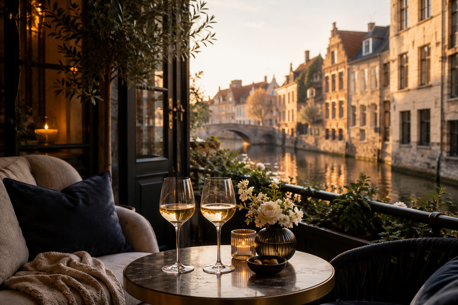 Apéritif élégant au bord d'un canal de Bruges dans la lumière dorée
