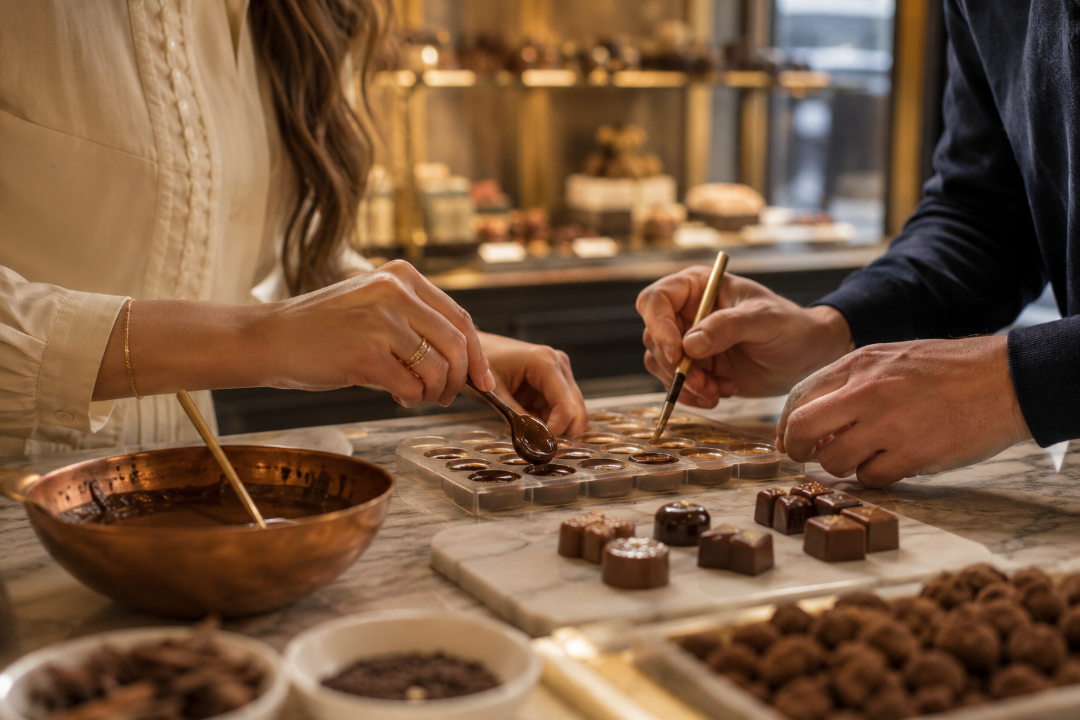 Atelier chocolat artisanal avec moulage de pralines à Bruges