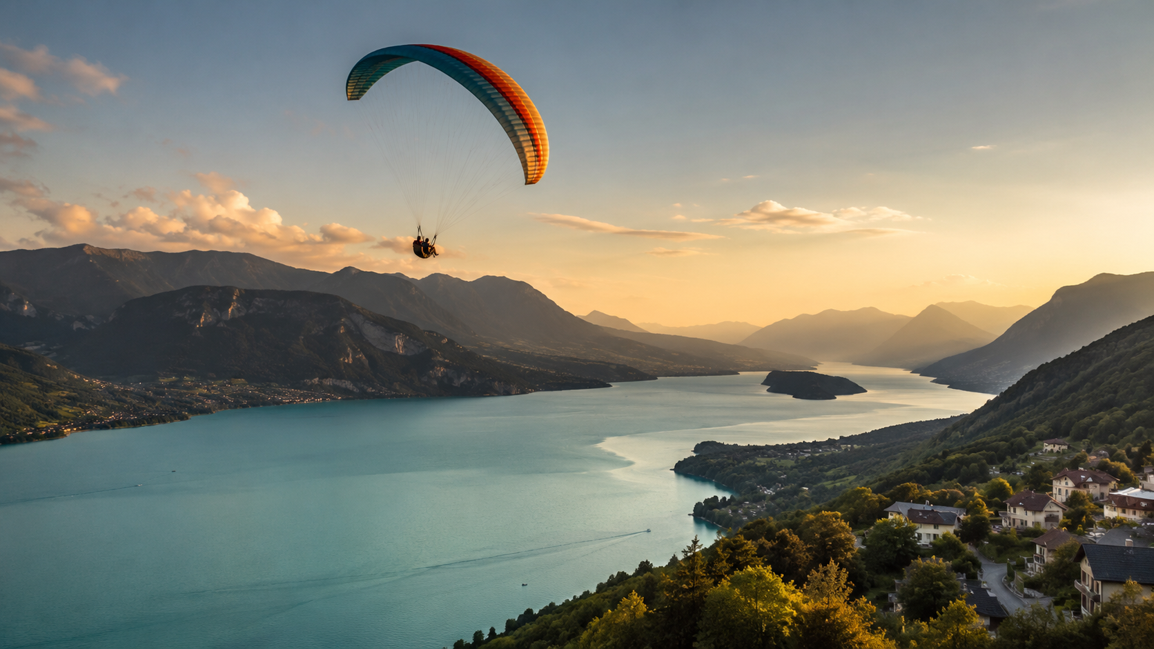 Parapente au-dessus du lac d'Annecy au coucher du soleil