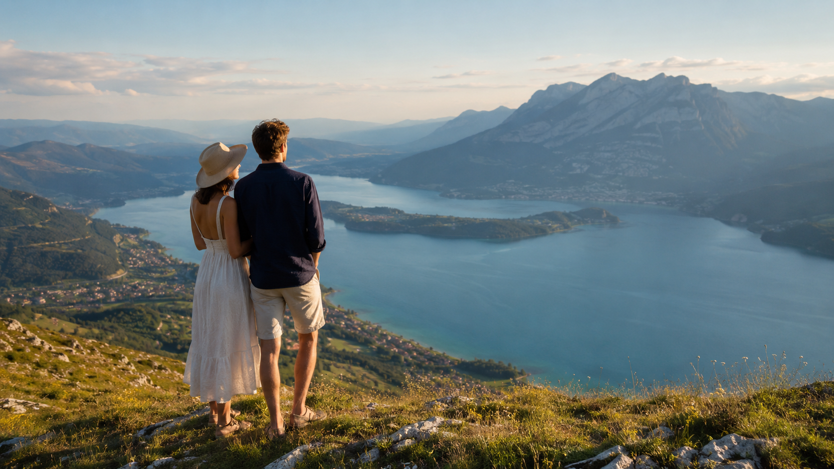 Couple face au panorama du lac d'Annecy depuis les hauteurs