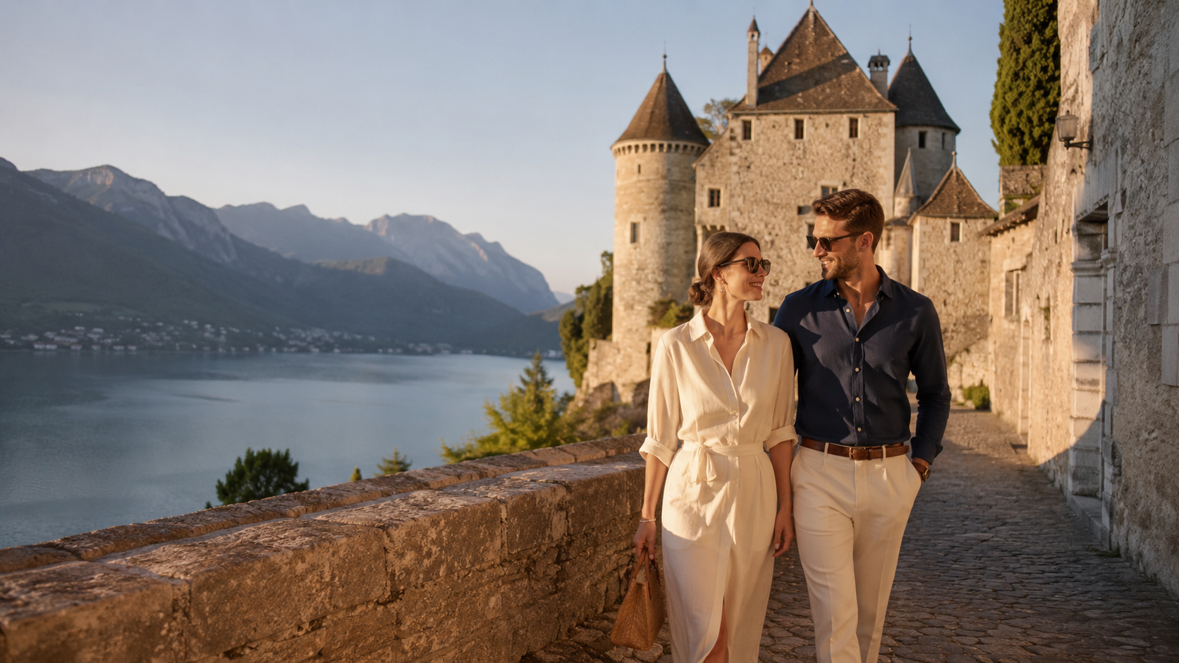 Couple pres du chateau de Menthon-Saint-Bernard avec vue sur le lac d'Annecy