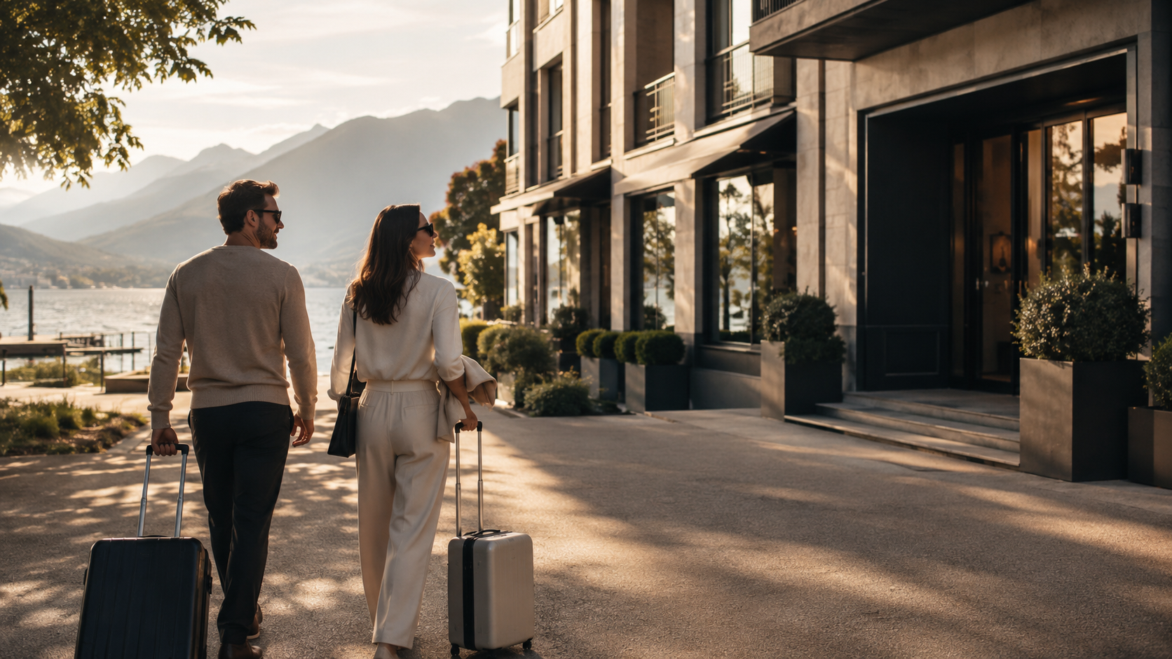 Couple arrivant dans un hotel contemporain au bord du lac d'Annecy