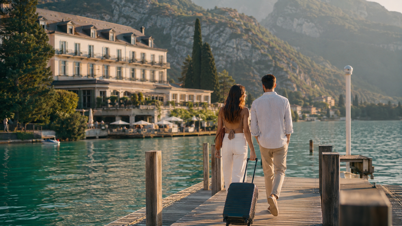 Couple arrivant a Talloires sur un ponton face au lac et aux montagnes