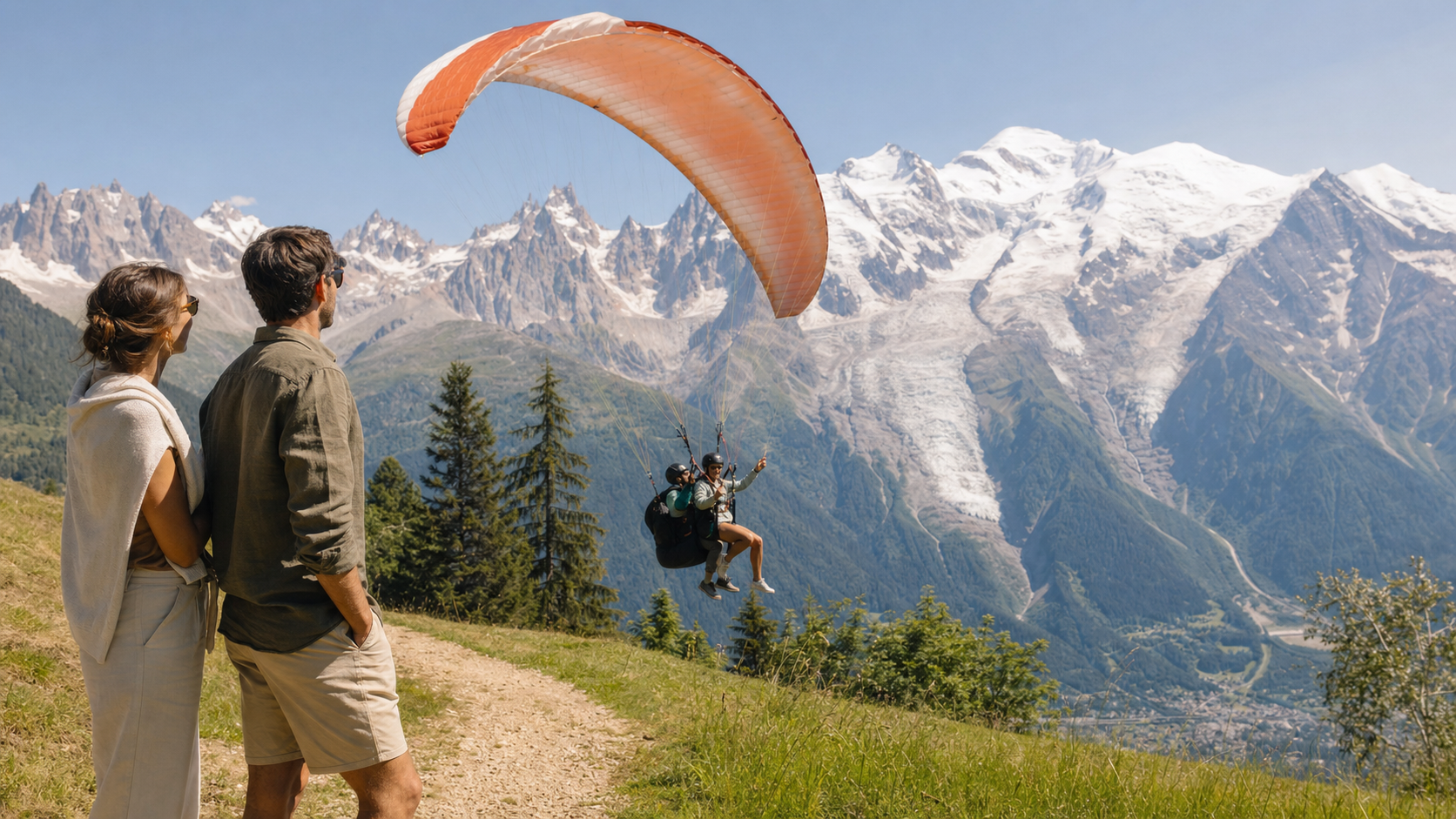 Couple observant un parapente au-dessus de la vallée de Chamonix face au Mont-Blanc