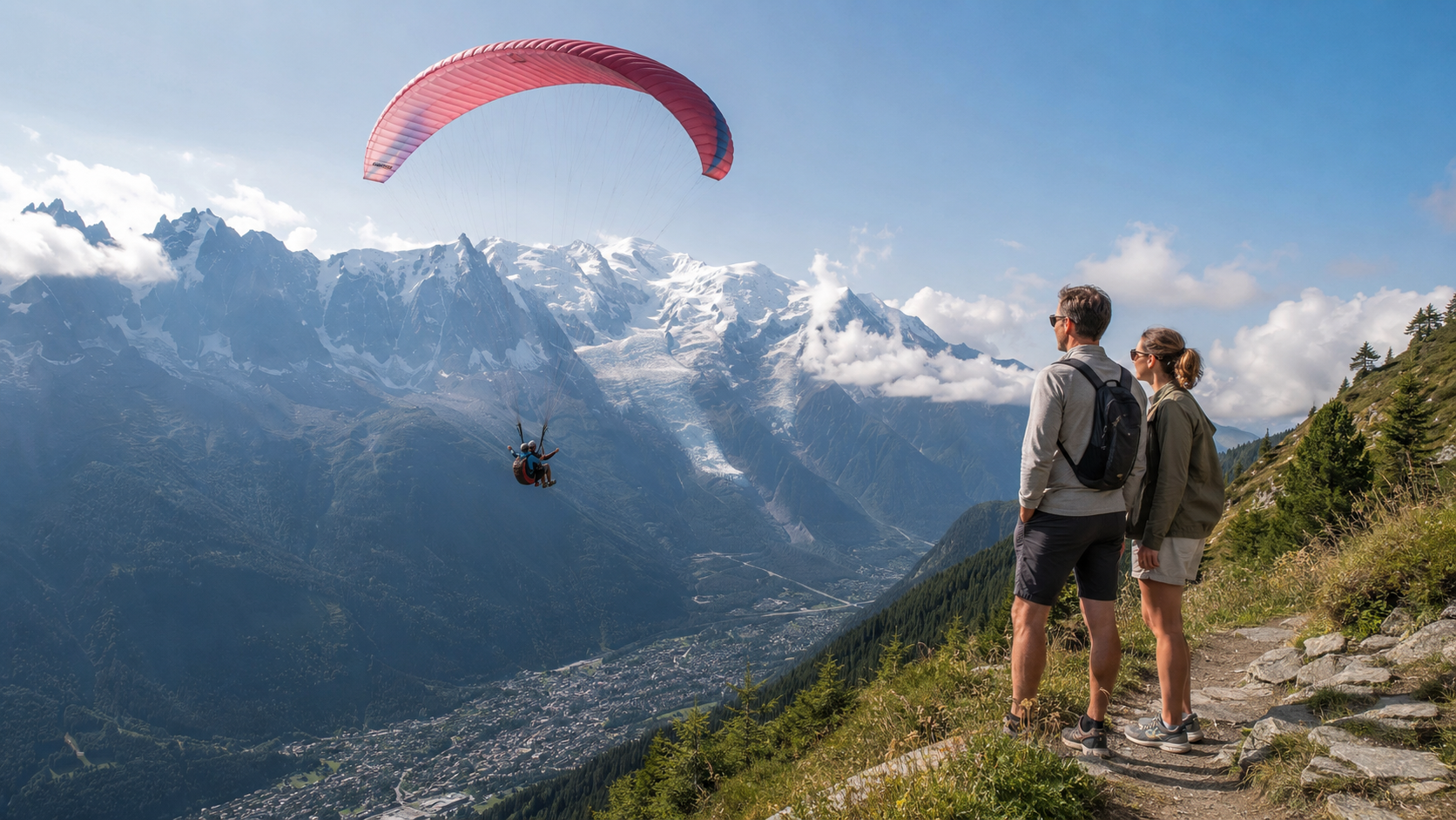 Parapente au-dessus de la vallée de Chamonix face au Mont-Blanc