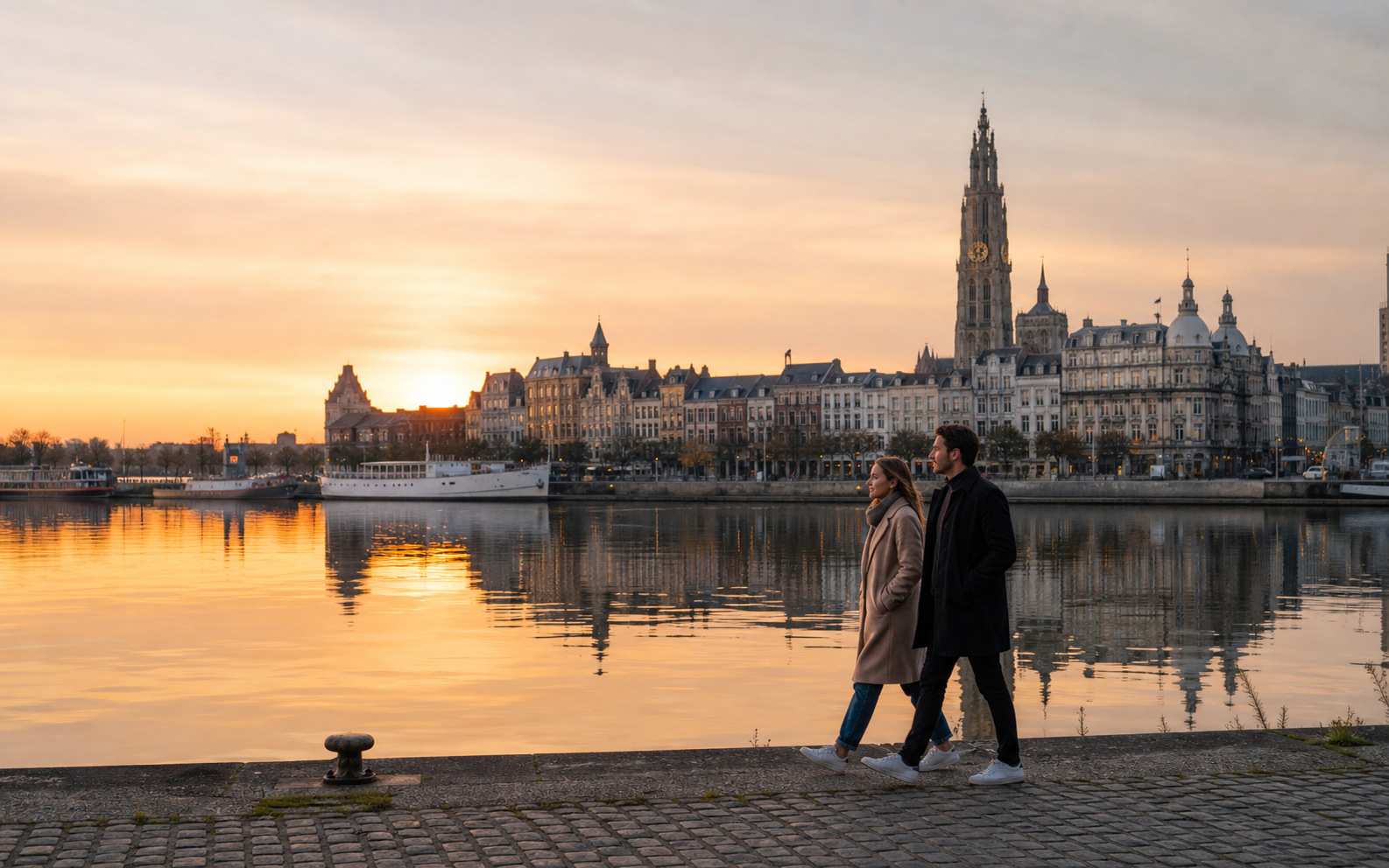 Balade en couple le long de l'Escaut à Anvers au coucher du soleil