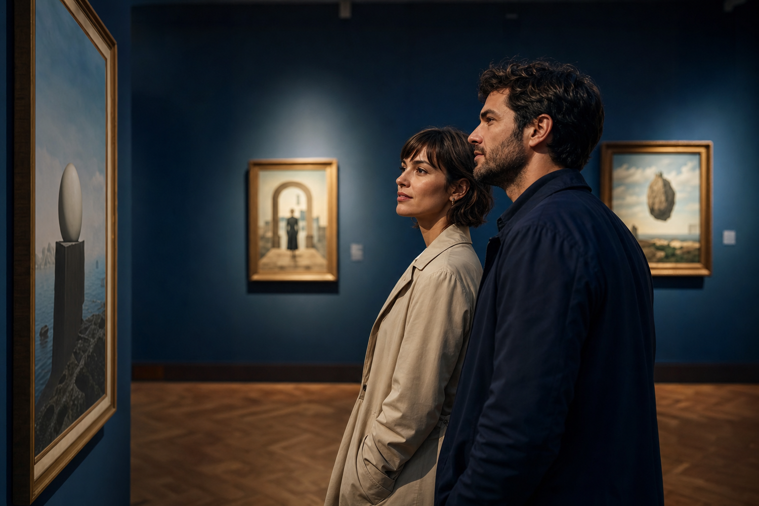 Couple découvrant une exposition au musée Magritte