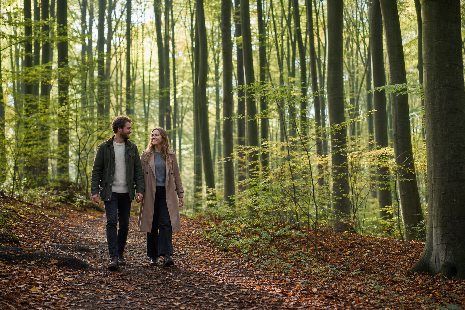 Couple marchant dans la forêt de Soignes