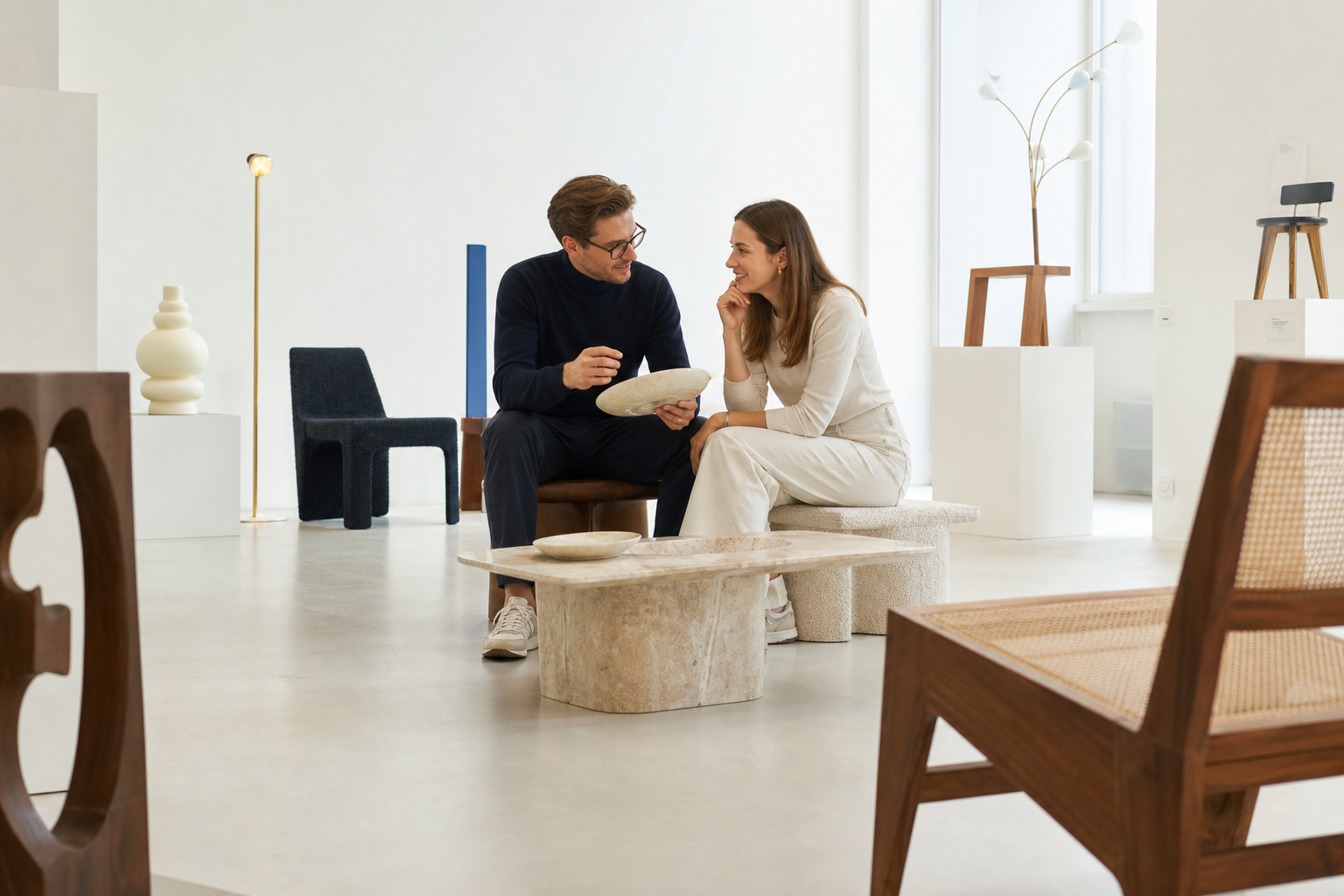 Couple dans une galerie de design contemporain
