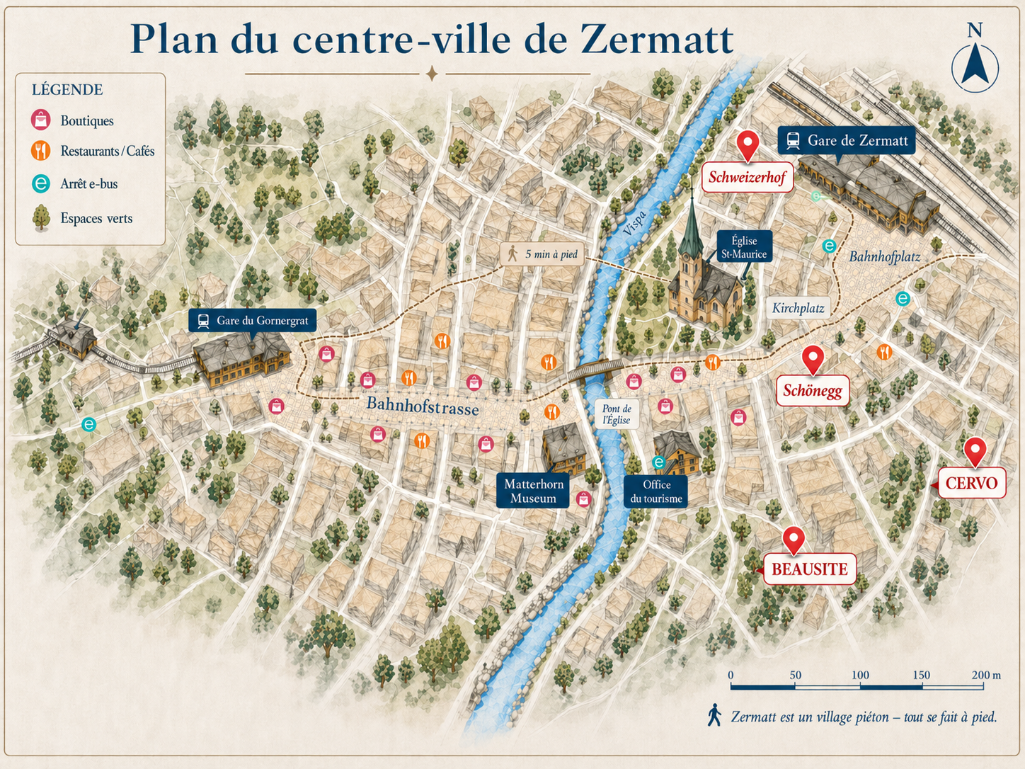 Plan de Zermatt avec la gare et les hotels selectionnes