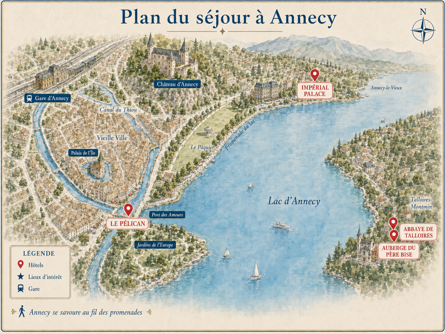 Plan d'Annecy indiquant la gare, la vieille ville, le lac et les hotels conseilles