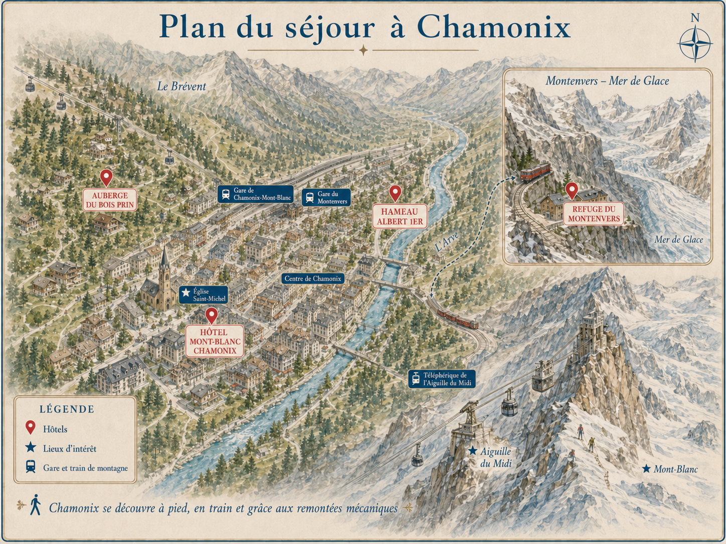 Plan de Chamonix indiquant la gare, les hotels conseilles, le telepherique de l'Aiguille du Midi et le depart du Montenvers