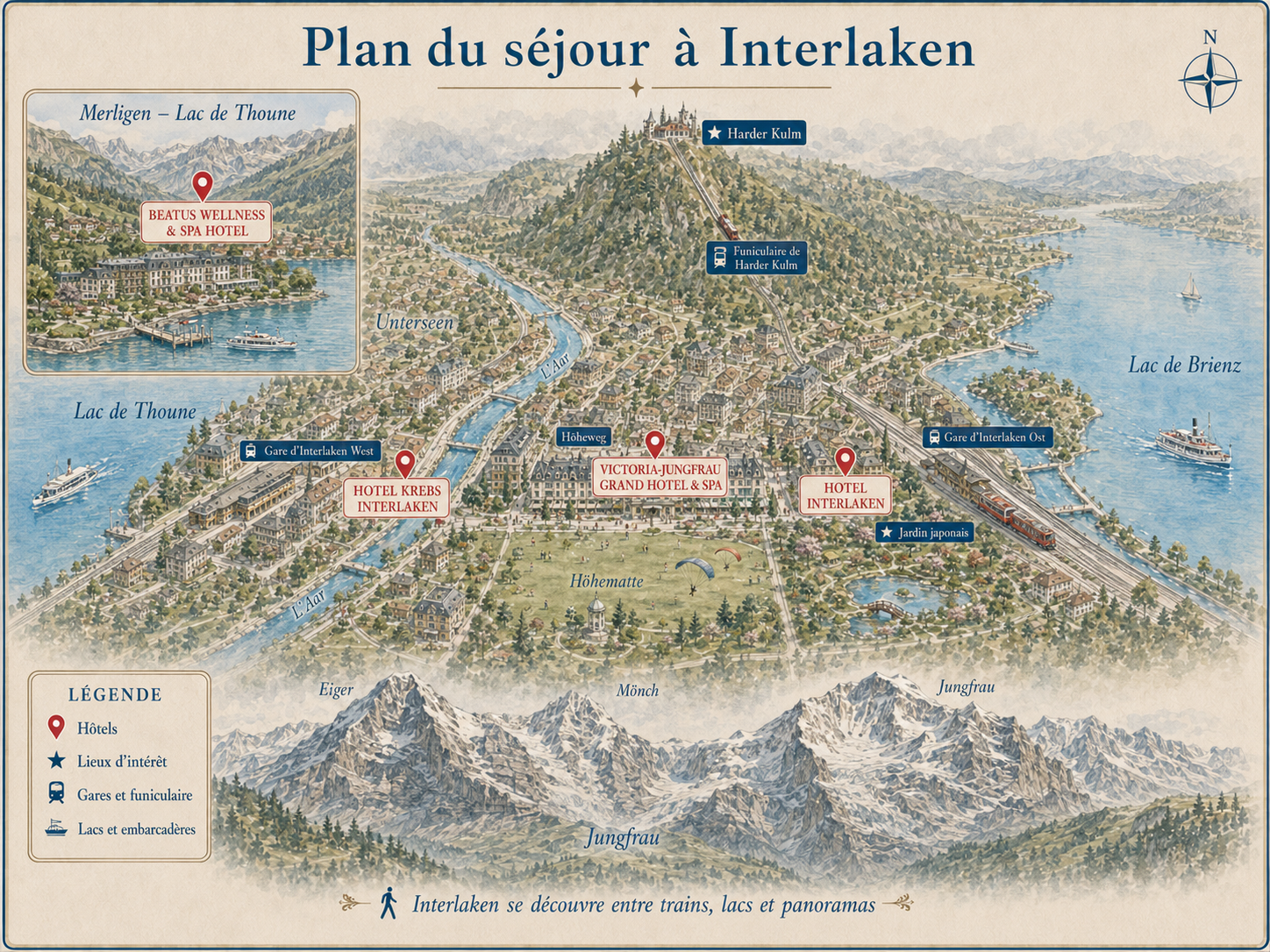 Plan illustré d’Interlaken indiquant Interlaken West, Interlaken Ost, les hôtels recommandés, Harder Kulm, le lac de Thoune et le lac de Brienz.