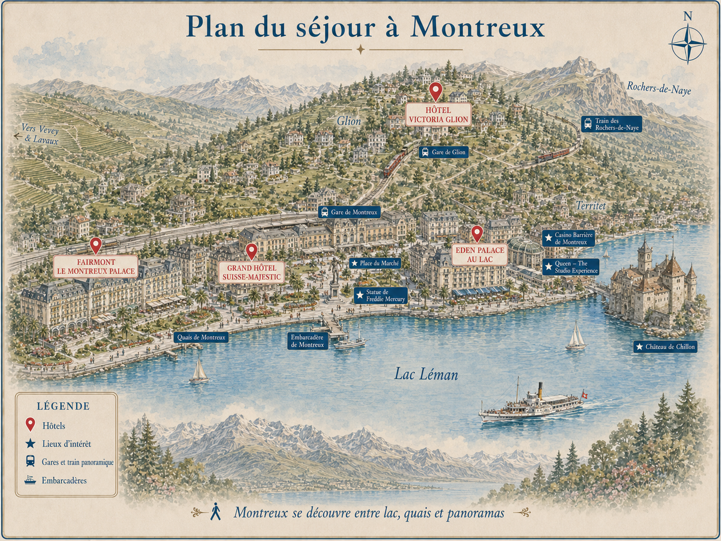 Plan illustré de Montreux indiquant la gare, les hôtels recommandés, les quais du Léman, Glion et le château de Chillon.