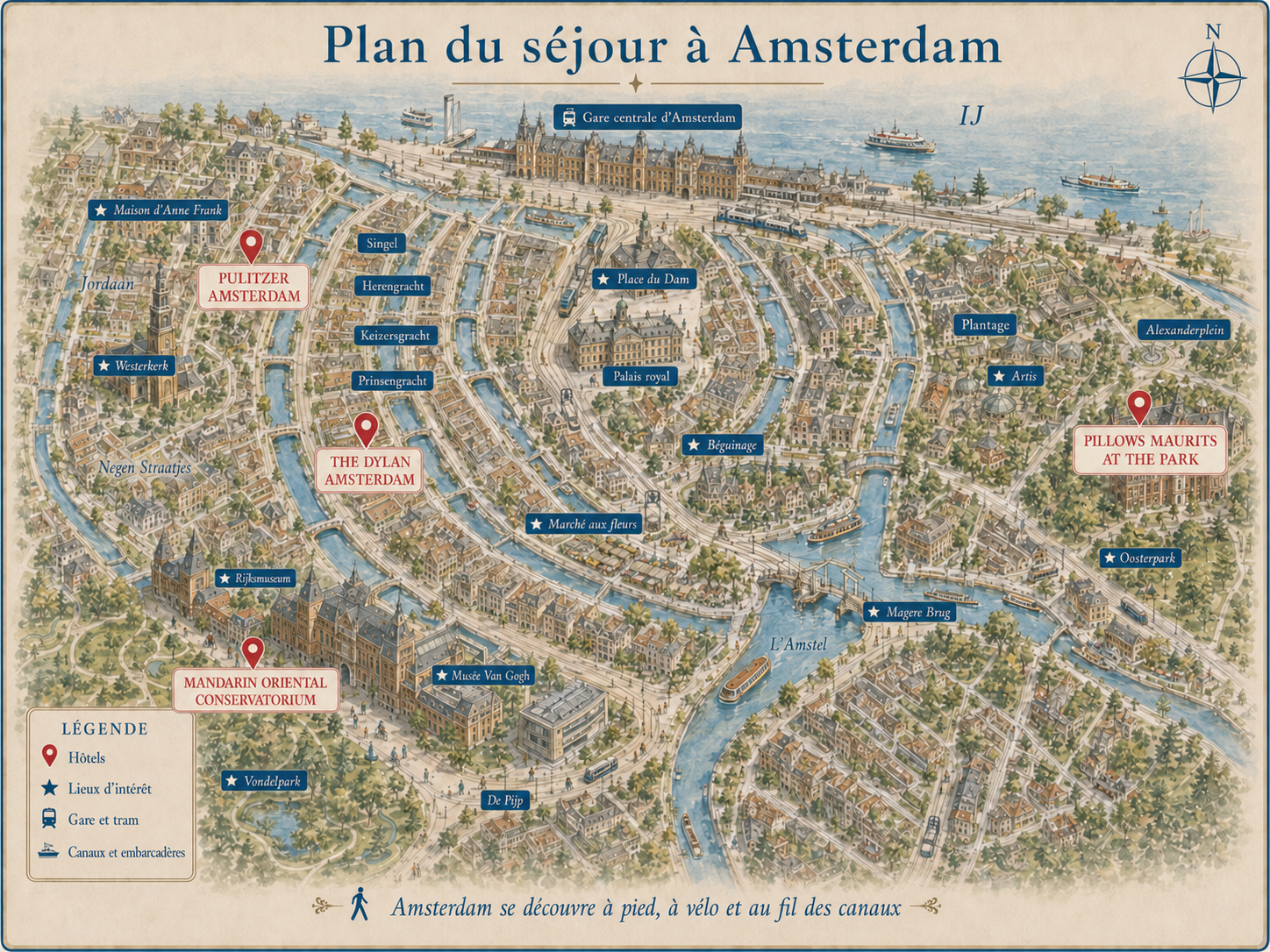 Plan illustré d’Amsterdam indiquant la gare centrale, les canaux, Jordaan, Museumplein, Oosterpark et les hôtels recommandés.