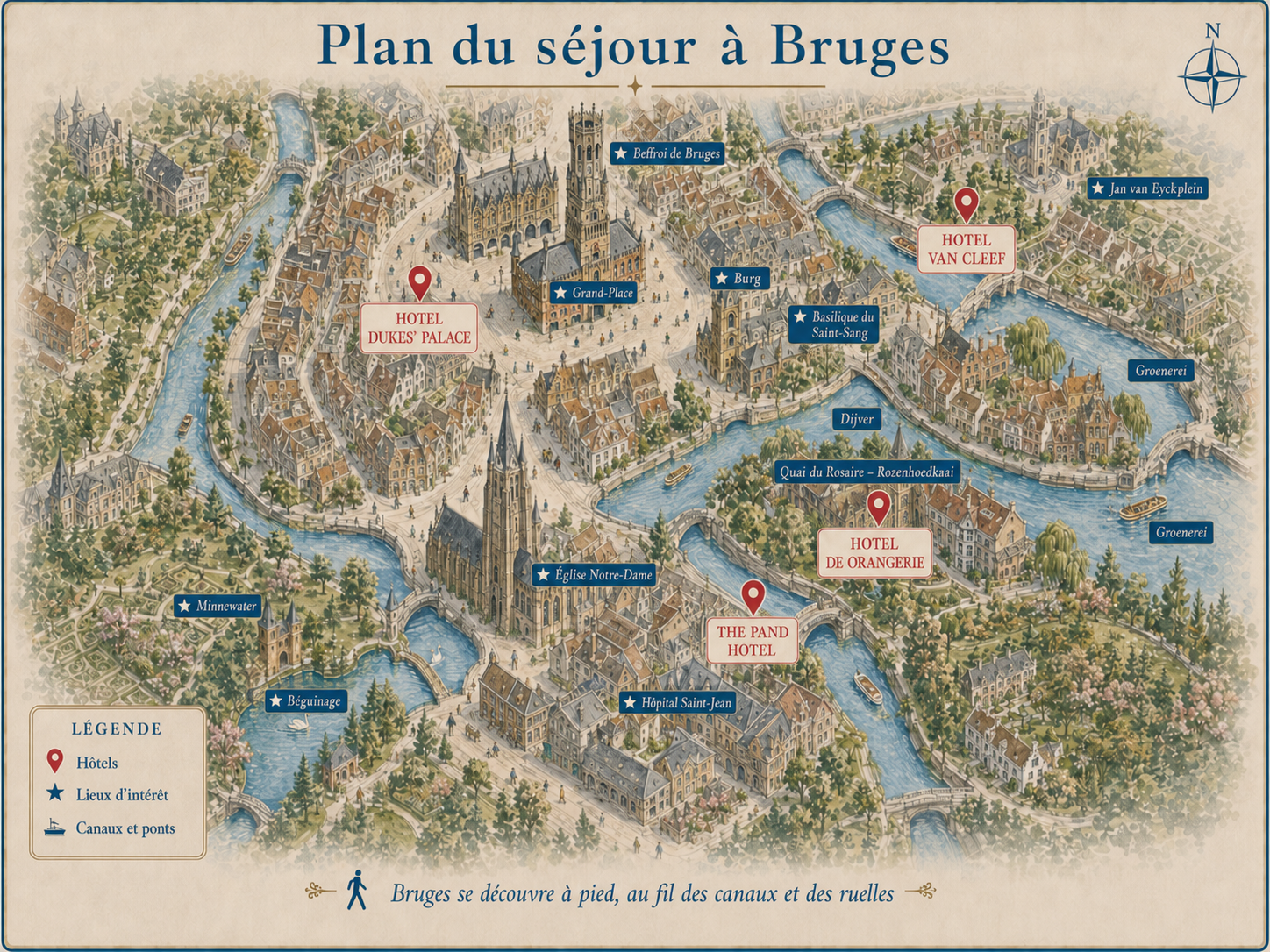 Plan illustré de Bruges indiquant les hôtels recommandés, les canaux, la Grand-Place, le Beffroi, le Béguinage et les principaux repères du centre historique.
