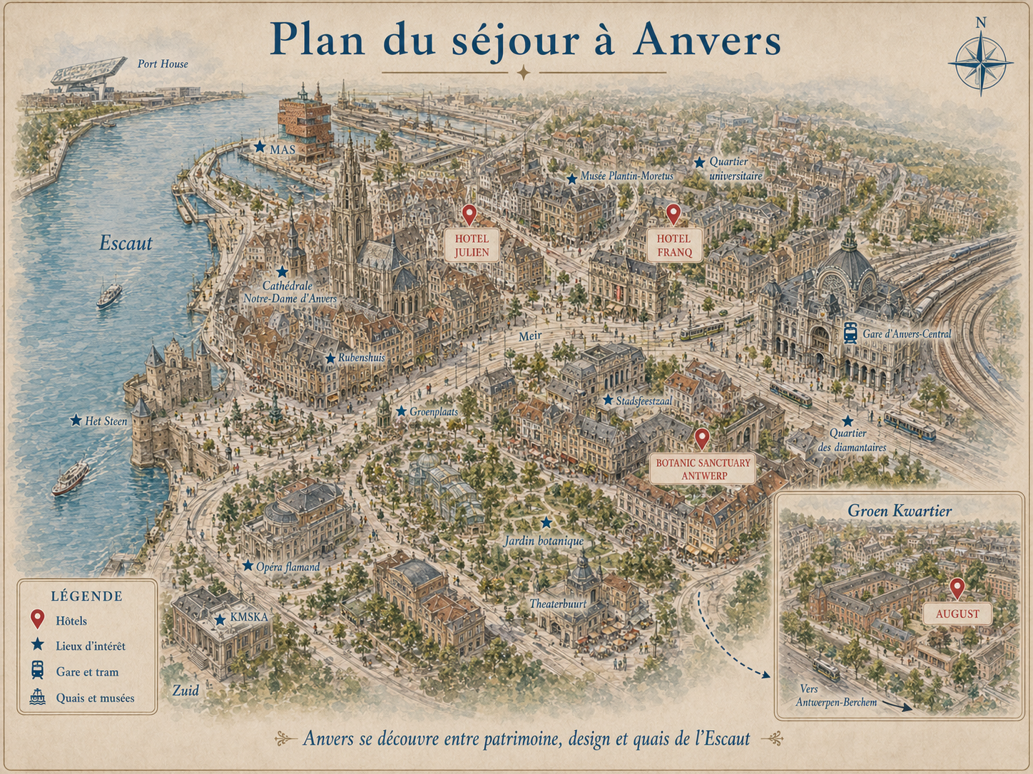 Plan illustré d’Anvers indiquant l’Escaut, la Grand-Place, la cathédrale, la gare centrale, le quartier botanique et les hôtels recommandés.