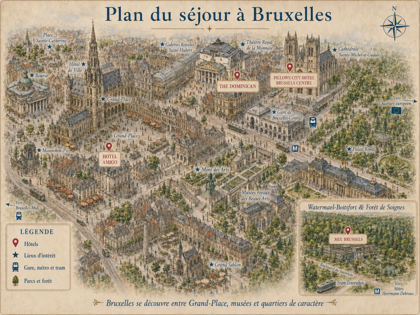 Plan illustré de Bruxelles indiquant la Grand-Place, la gare Centrale, la cathédrale, Mont des Arts, les hôtels recommandés et Mix Brussels près de la forêt de Soignes.