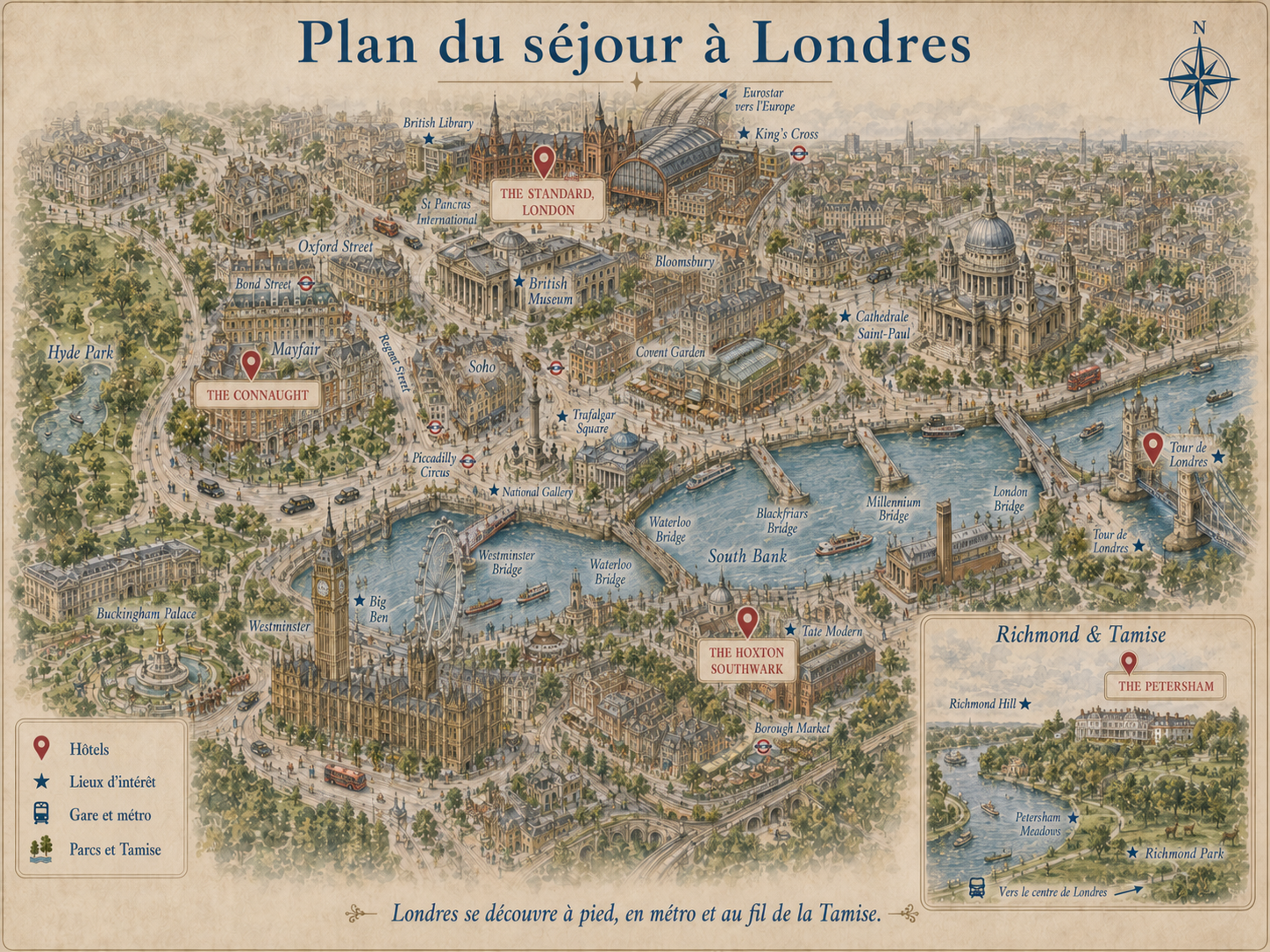 Plan illustré de Londres indiquant St Pancras, Mayfair, la Tamise, South Bank, les hôtels recommandés et The Petersham à Richmond.