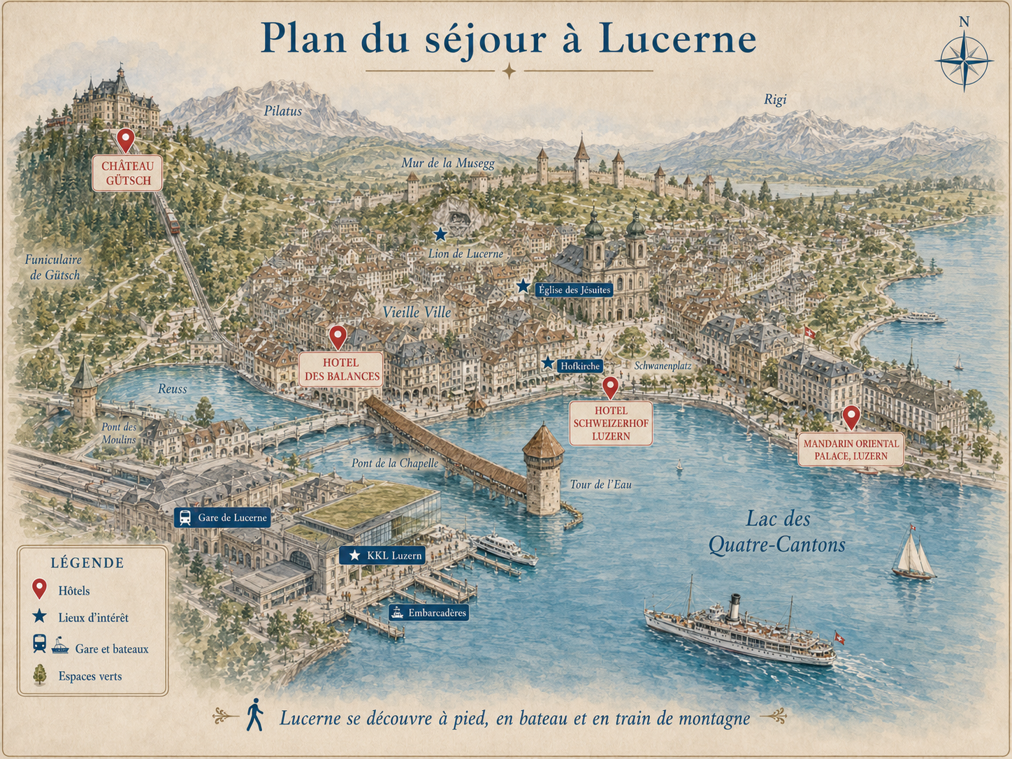 Plan illustré de Lucerne indiquant la gare, le pont de la Chapelle, la vieille ville, le lac des Quatre-Cantons et les hôtels recommandés.