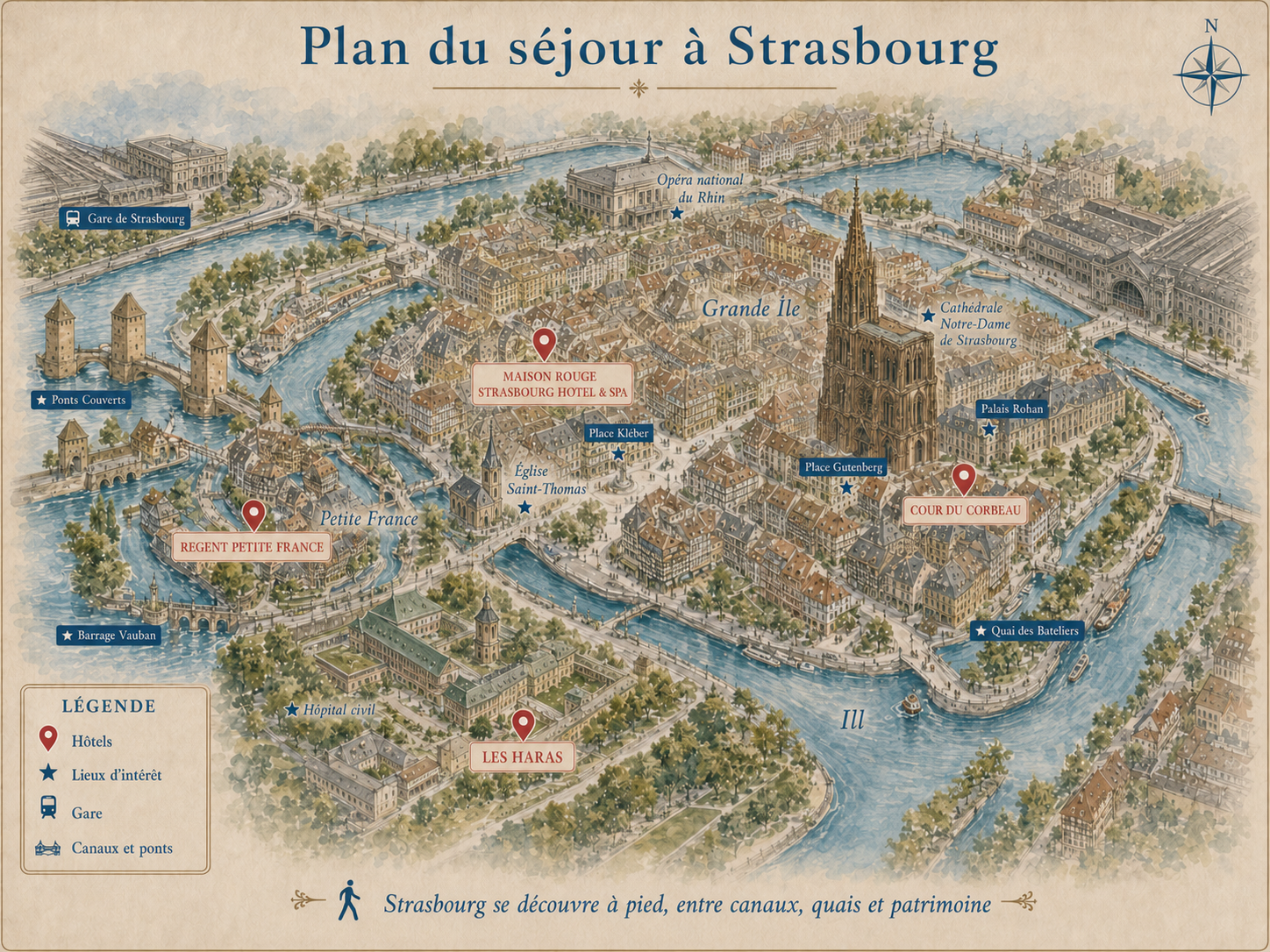 Plan illustré de Strasbourg indiquant la Petite France, la Grande Île, la cathédrale Notre-Dame, les canaux, la gare et les hôtels recommandés.