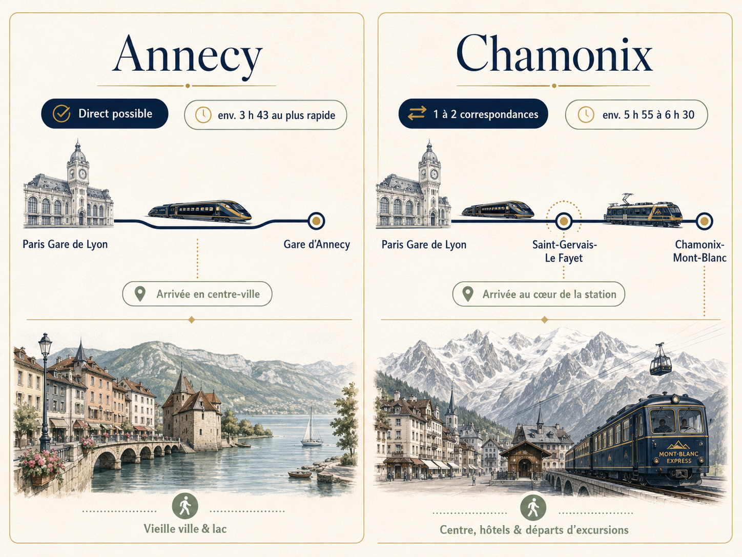 Carte comparative des trajets en train depuis Paris