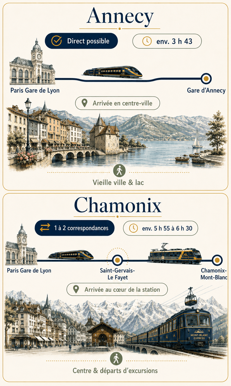Comparatif visuel entre Annecy et Chamonix, avec trajets en train et ambiances de séjour