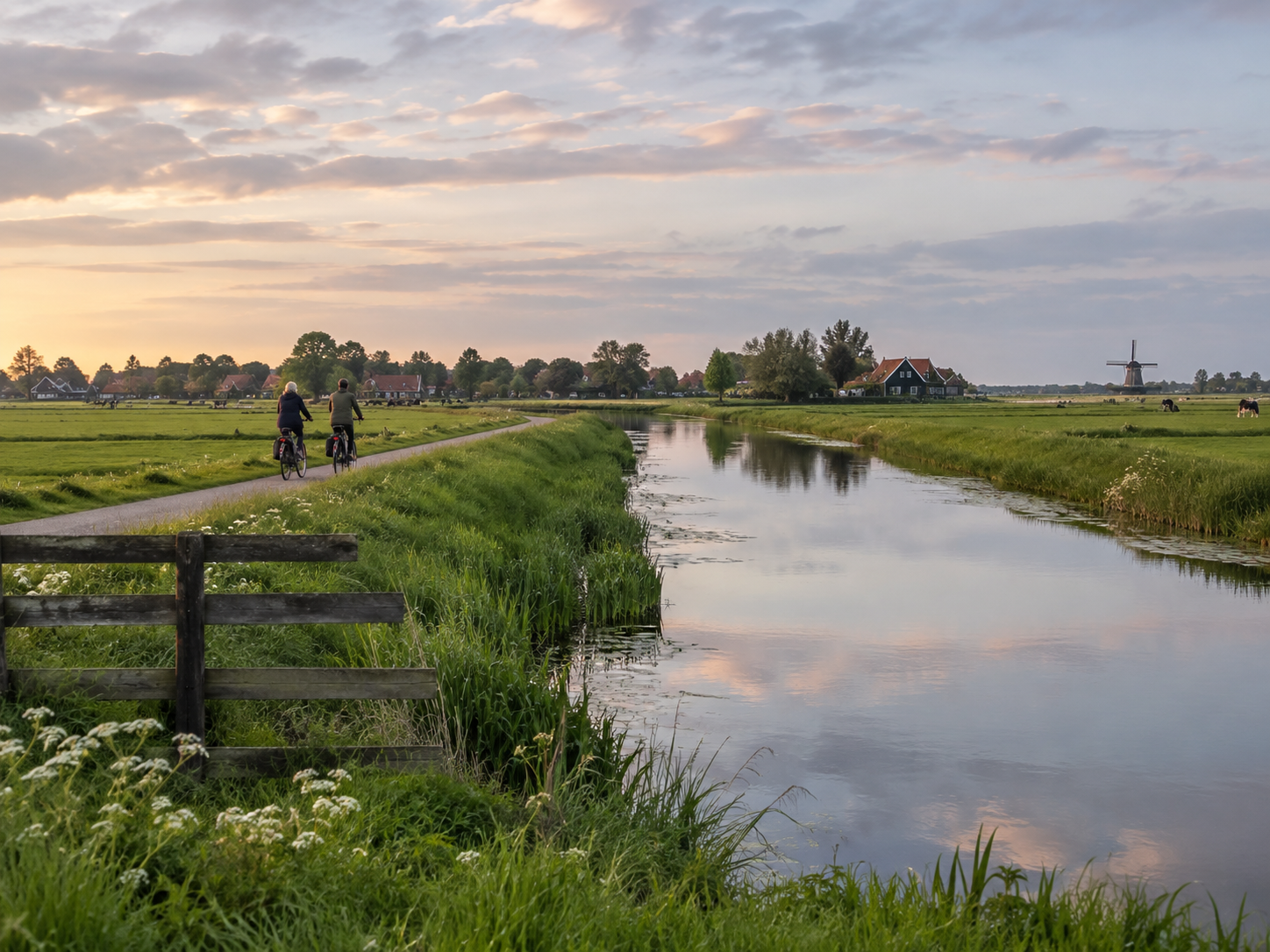 Paysage de Waterland avec canal, prairies, moulin et cyclistes.