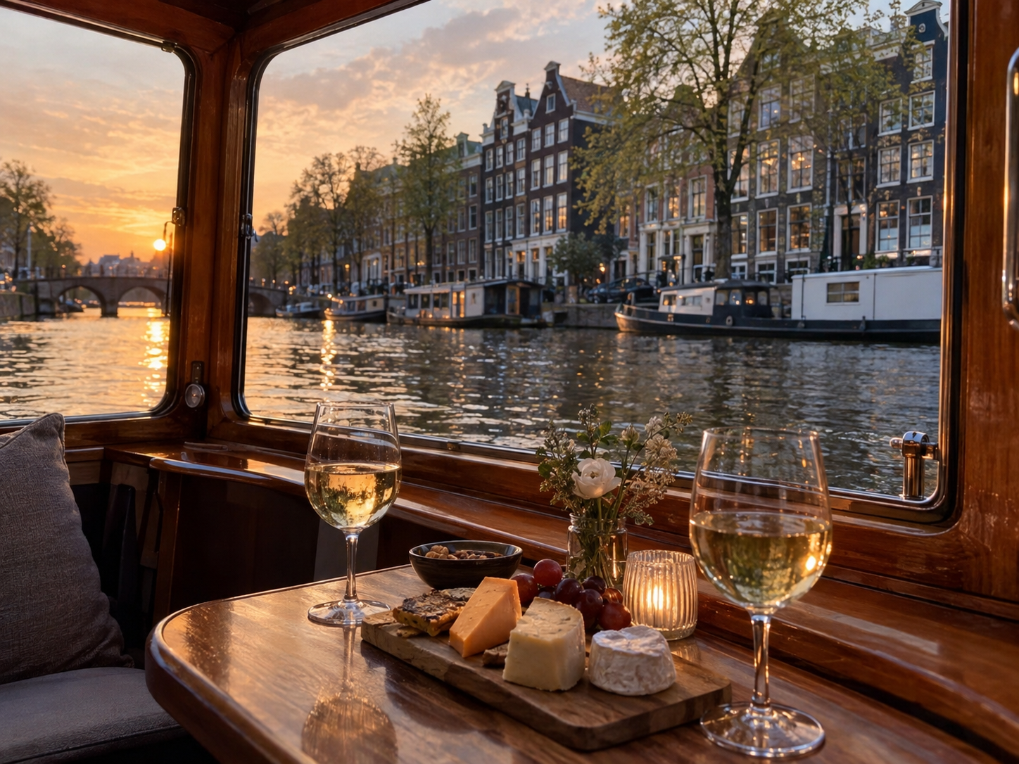 Plateau de fromages et verres de vin à bord d’un bateau sur les canaux d’Amsterdam.