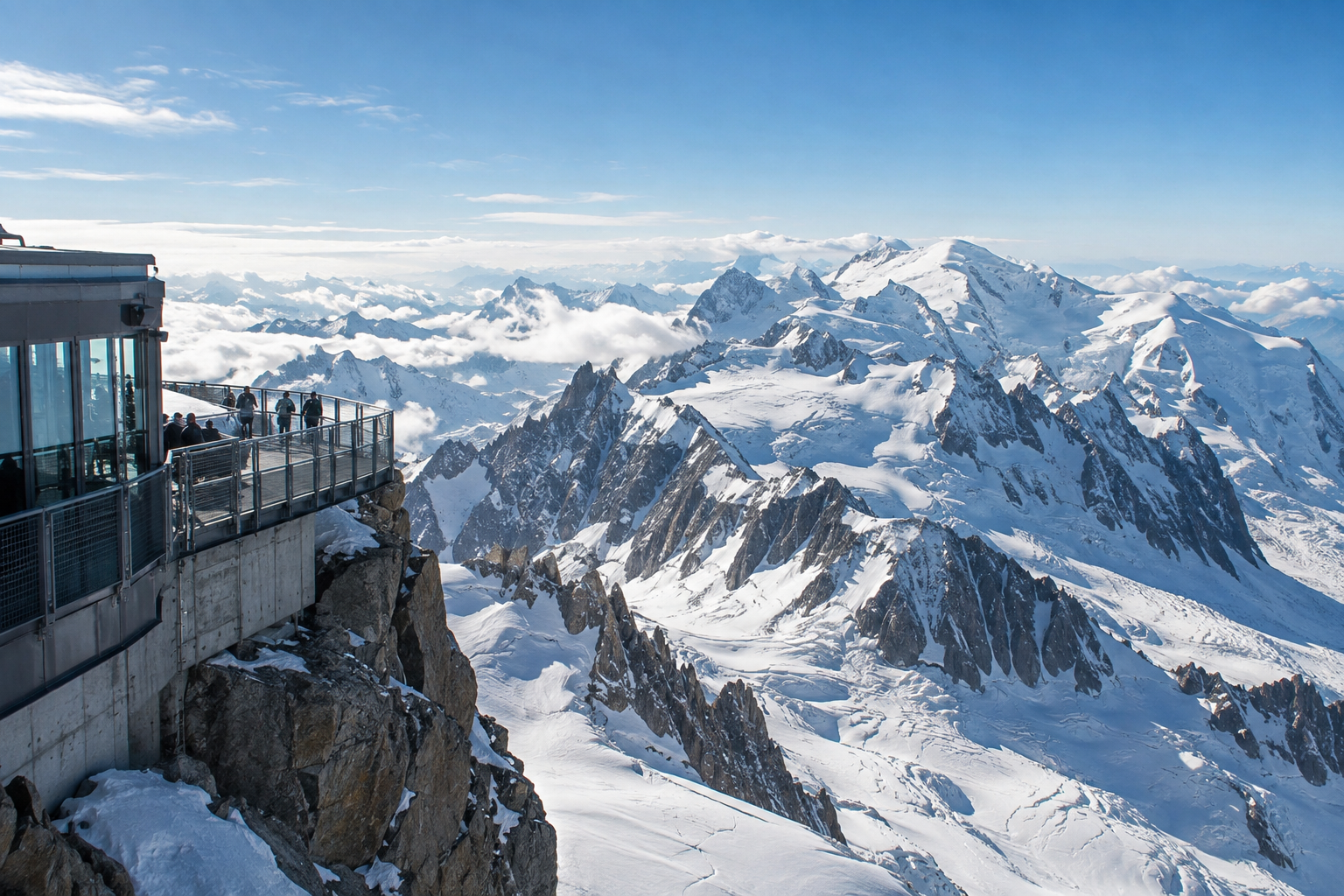 Terrasse panoramique de l’Aiguille du Midi face au massif du Mont-Blanc.