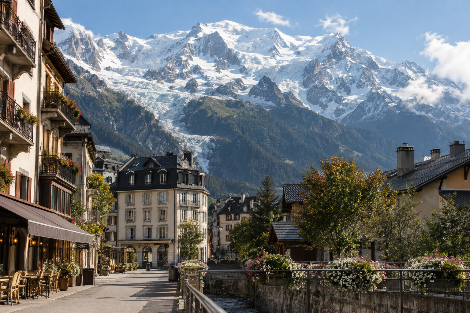 Centre de Chamonix avec le massif du Mont-Blanc dominant la ville.
