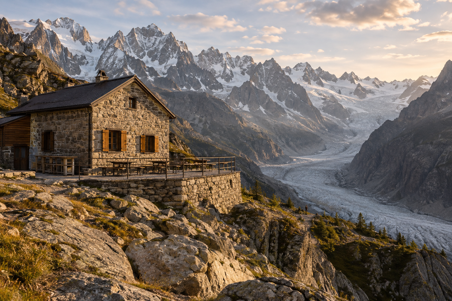 Refuge alpin face au glacier et aux aiguilles de Chamonix en fin de journée.