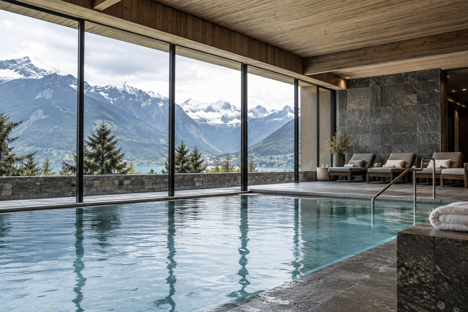 Spa alpin avec piscine intérieure et vue sur les montagnes près d’Interlaken.