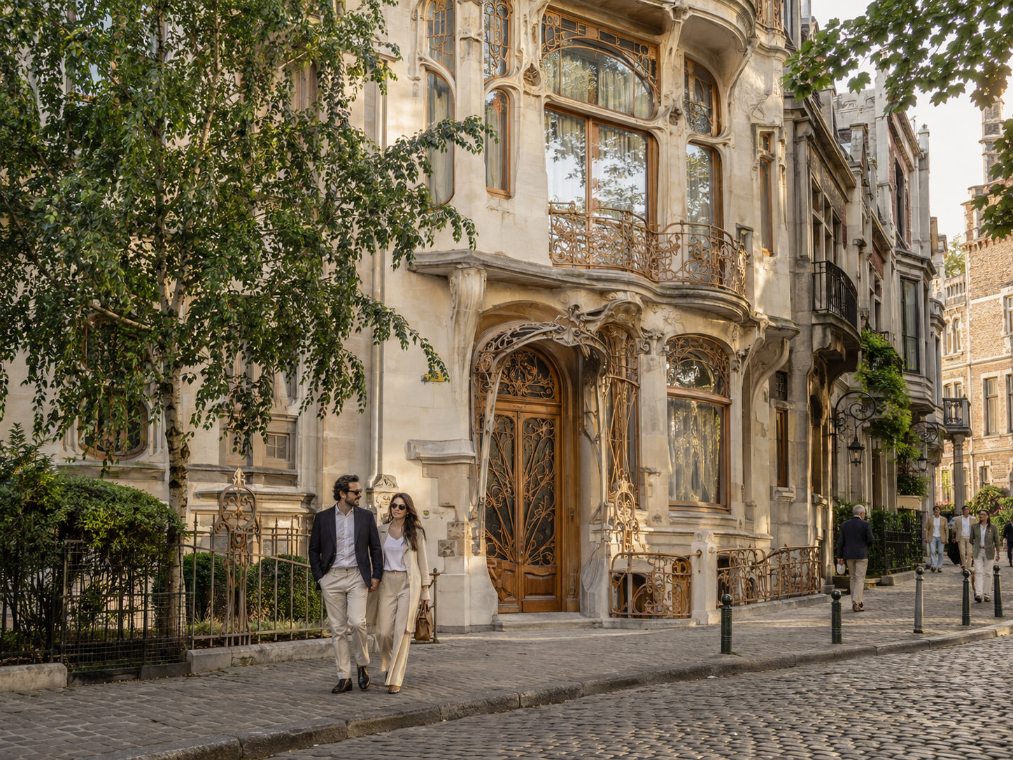 Maison Hannon à Bruxelles, façade Art nouveau avec couple en promenade et passants discrets