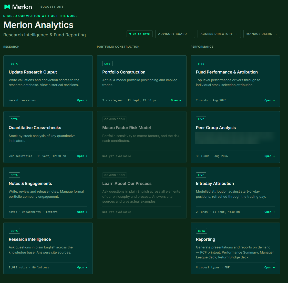 The Merlon Analytics home page, with research, portfolio construction and performance tools