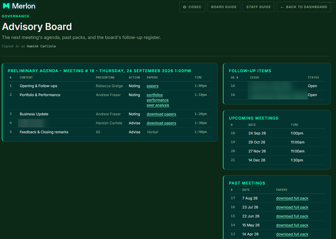 The Advisory Board page, showing a meeting agenda, follow-up items and past meeting packs