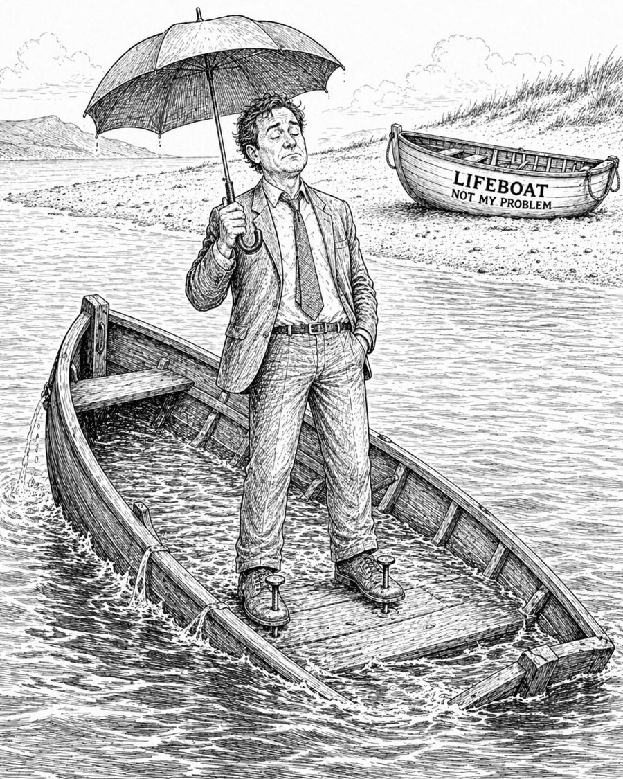 An engraving of a man in a suit standing under an umbrella in a leaking rowing boat, eyes closed, while a lifeboat marked Not my problem sits on the beach behind him.