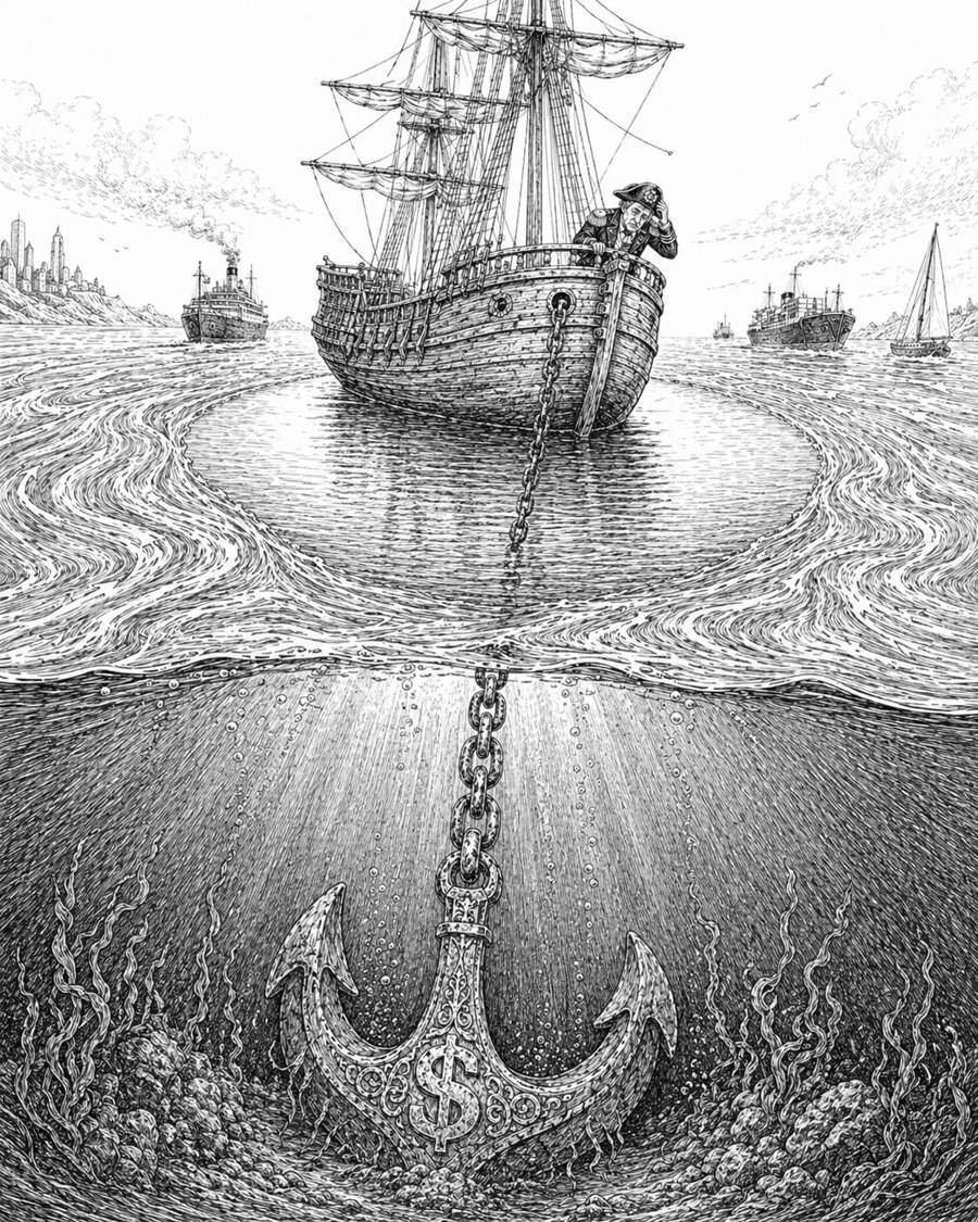An engraving of a sailing ship held in place by a heavy anchor on the seabed while other ships move past it.