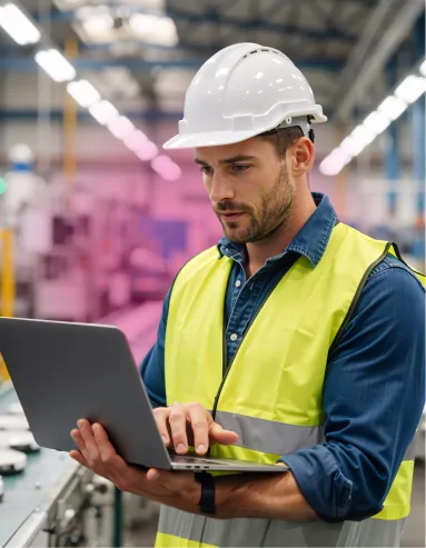 Worker in hi-vis using a laptop in a facility