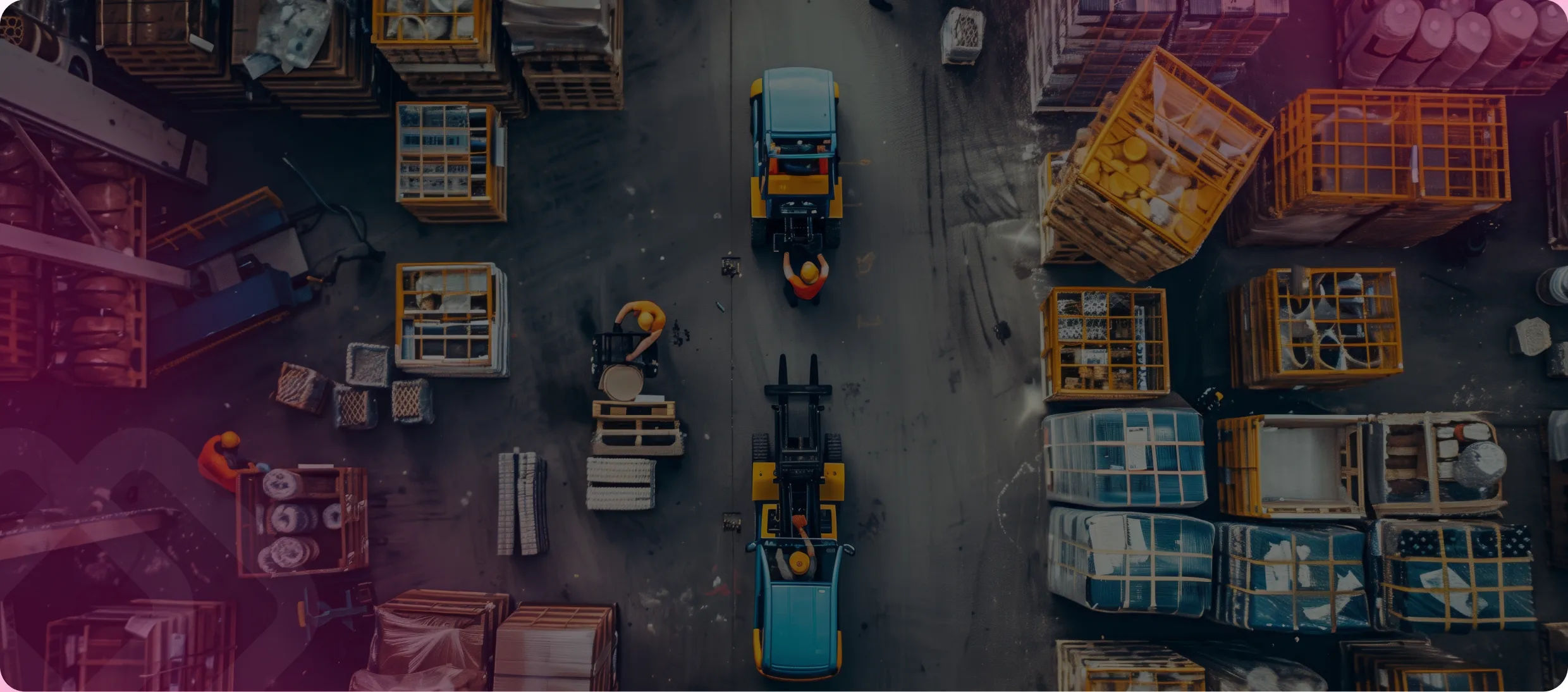 Overhead view of construction equipment in a yard