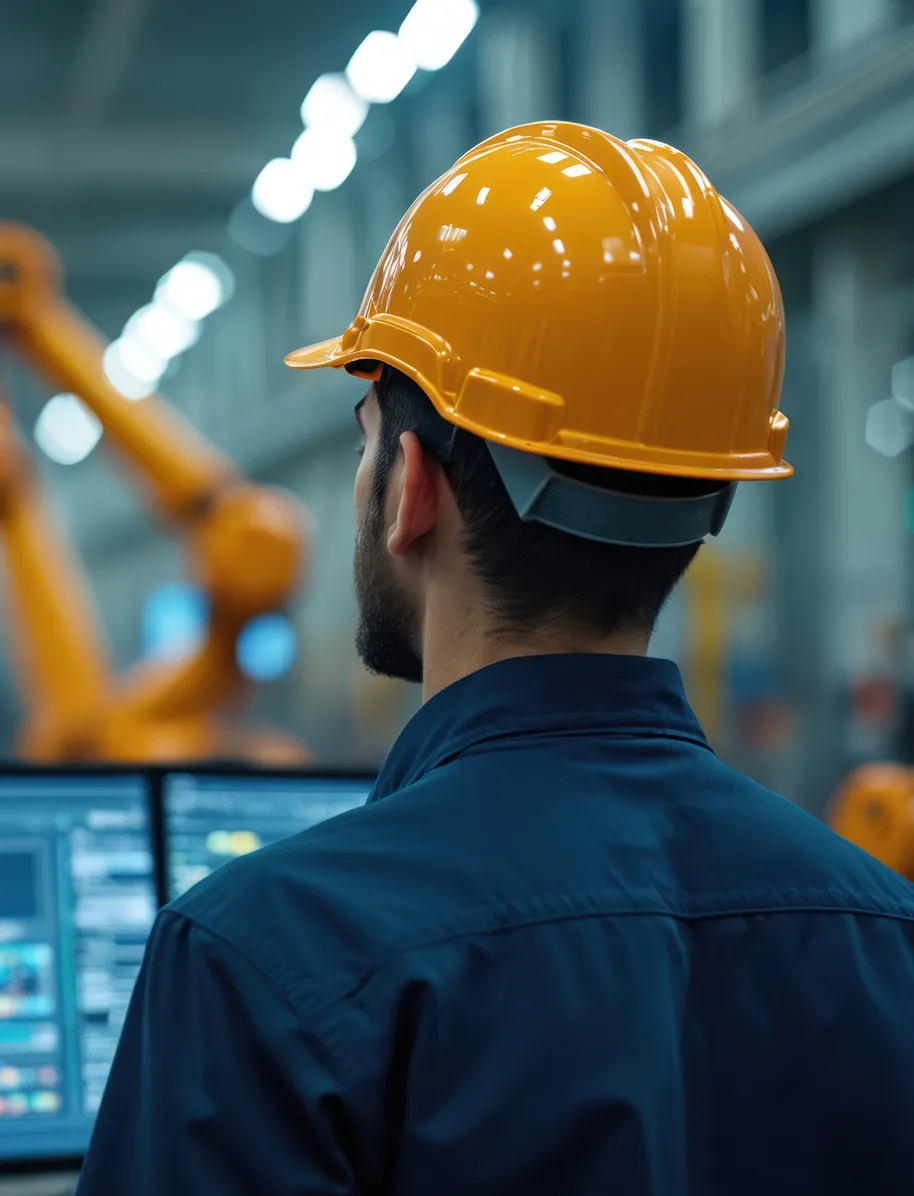 Worker in a hard hat monitoring screens in a control room