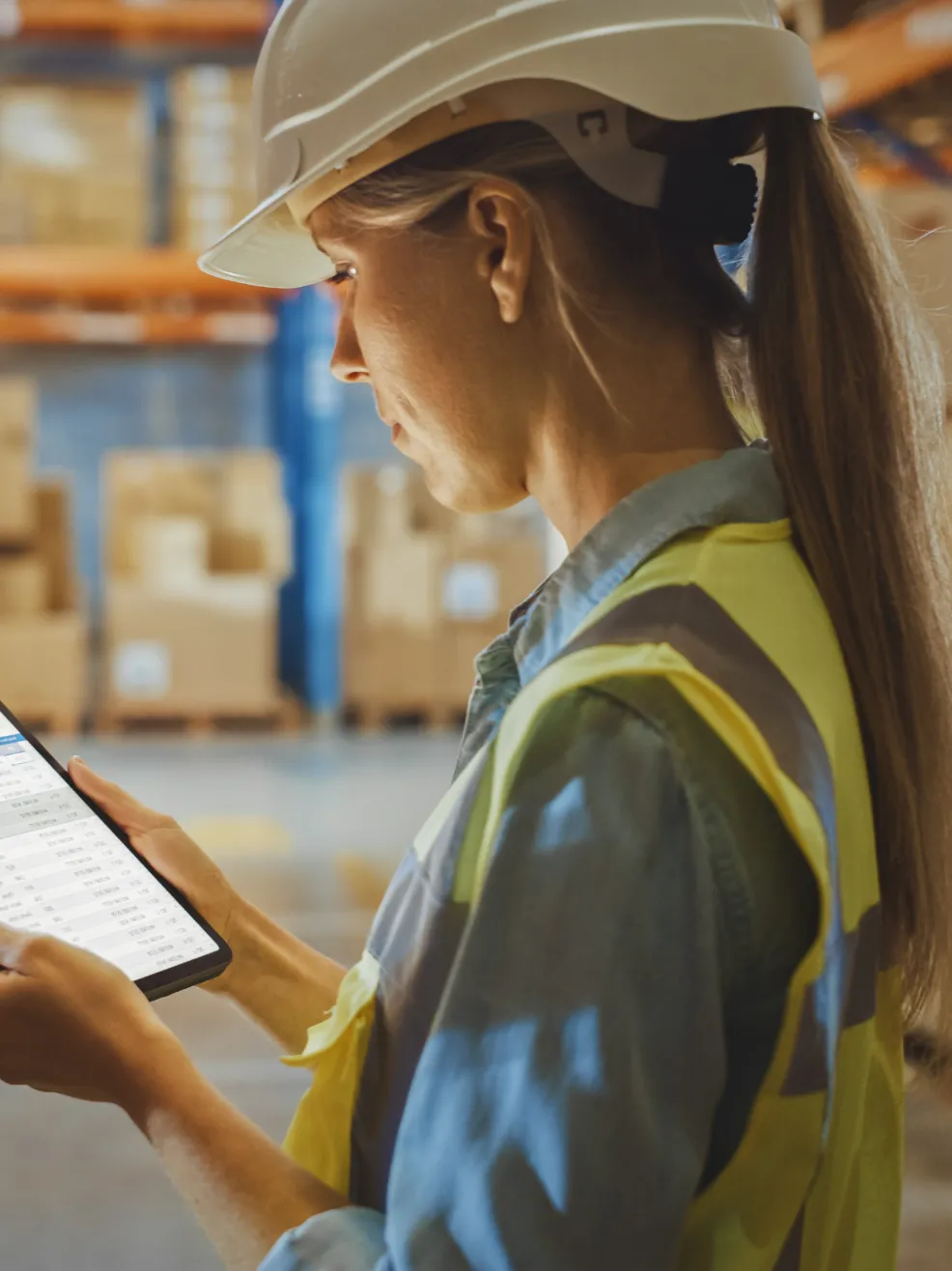 Woman in hi-vis reviewing a tablet in a warehouse