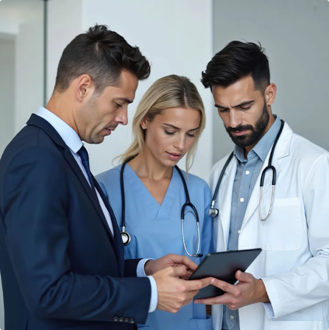 Medical staff reviewing a tablet