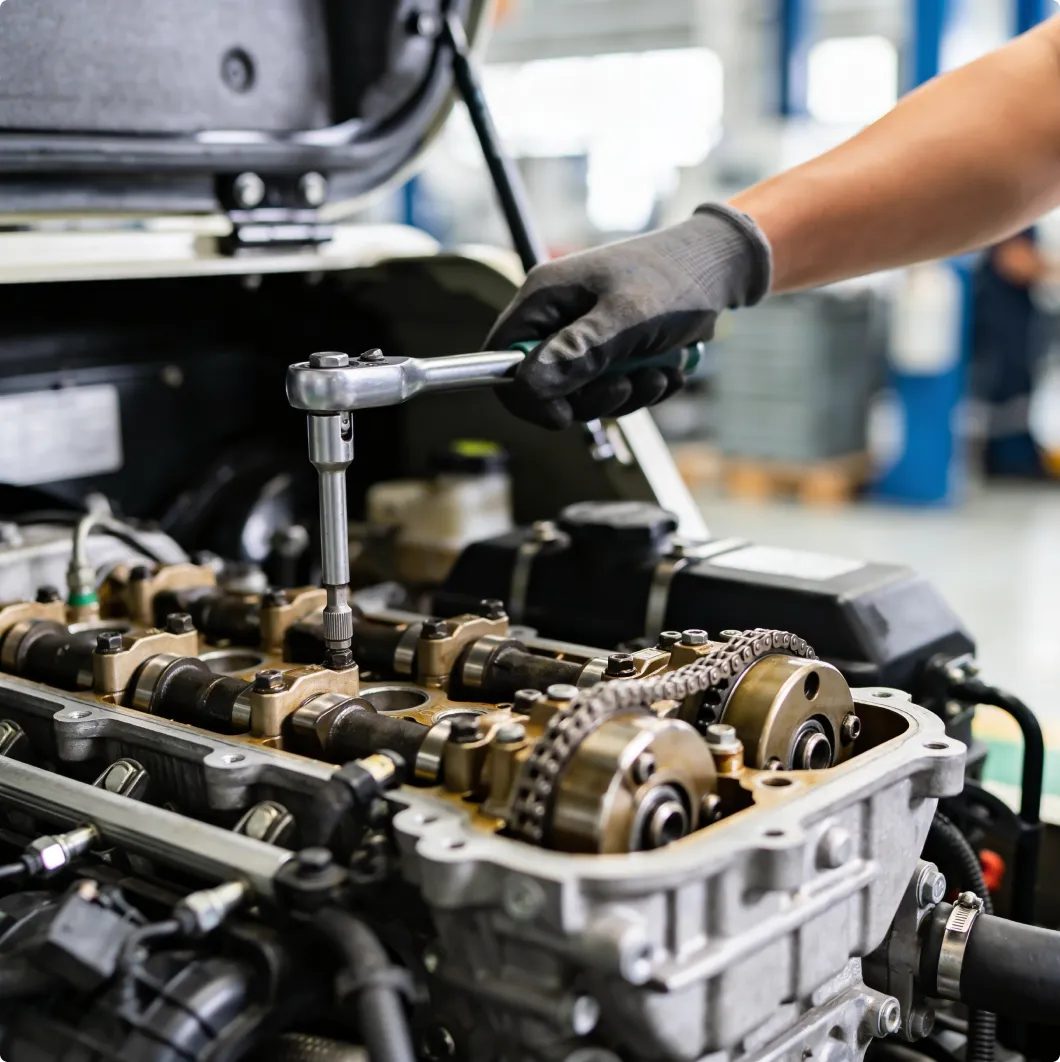 Hand using a ratchet on a car engine