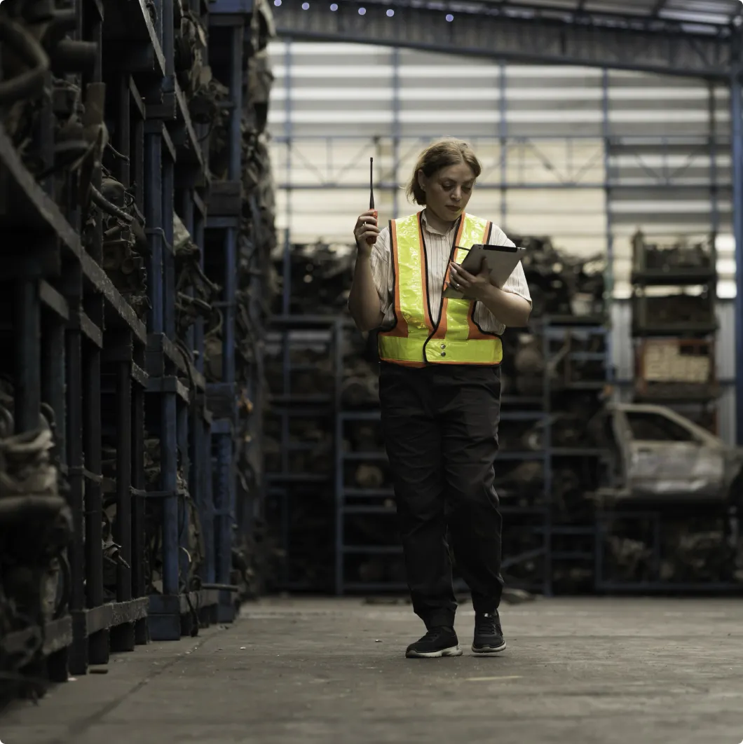 Worker with a radio in a parts warehouse