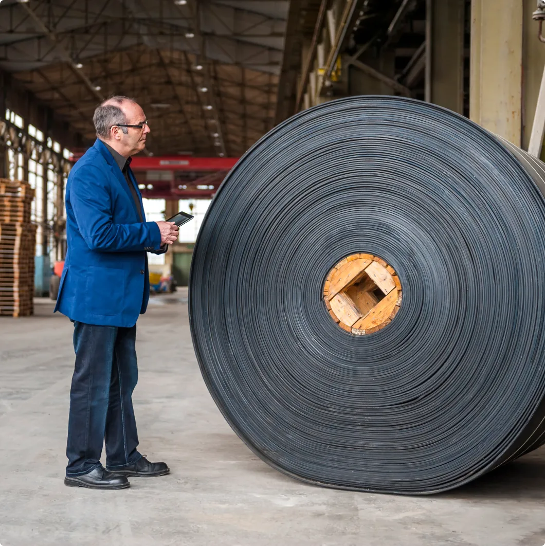 Man by a large roll of material in a factory