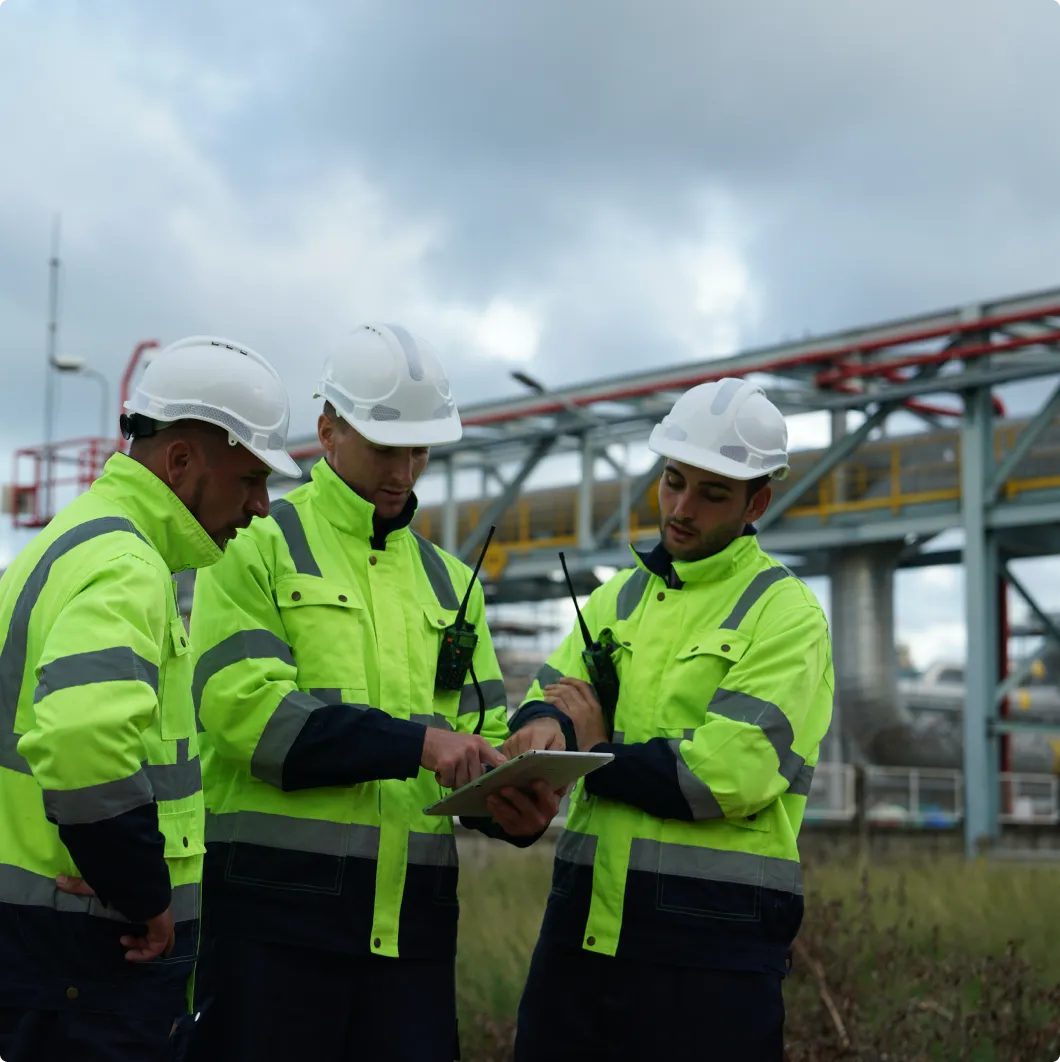 Three workers in hi-vis at an industrial plant