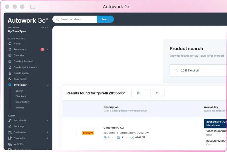 Screenshot of the Autowork Go product search