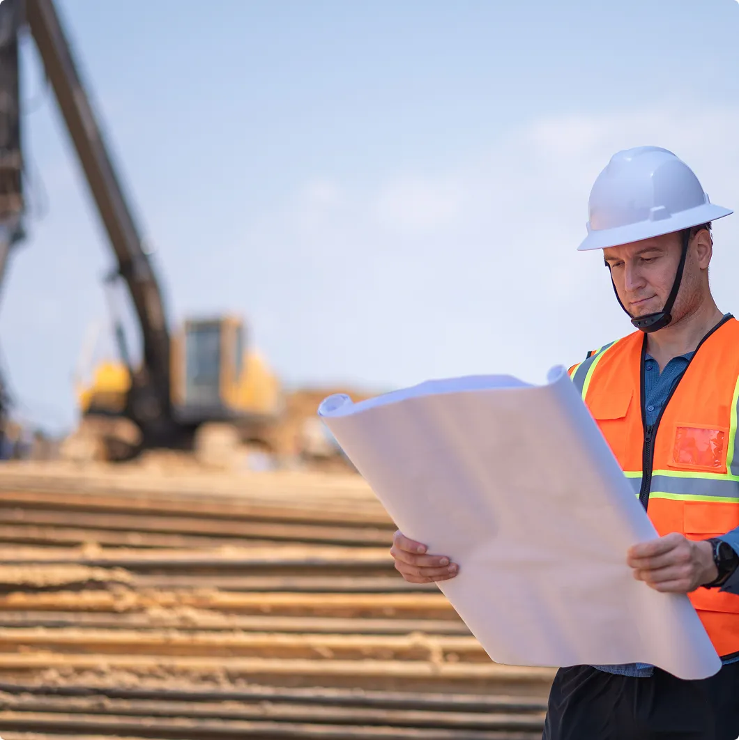 Engineer reading plans on a construction site